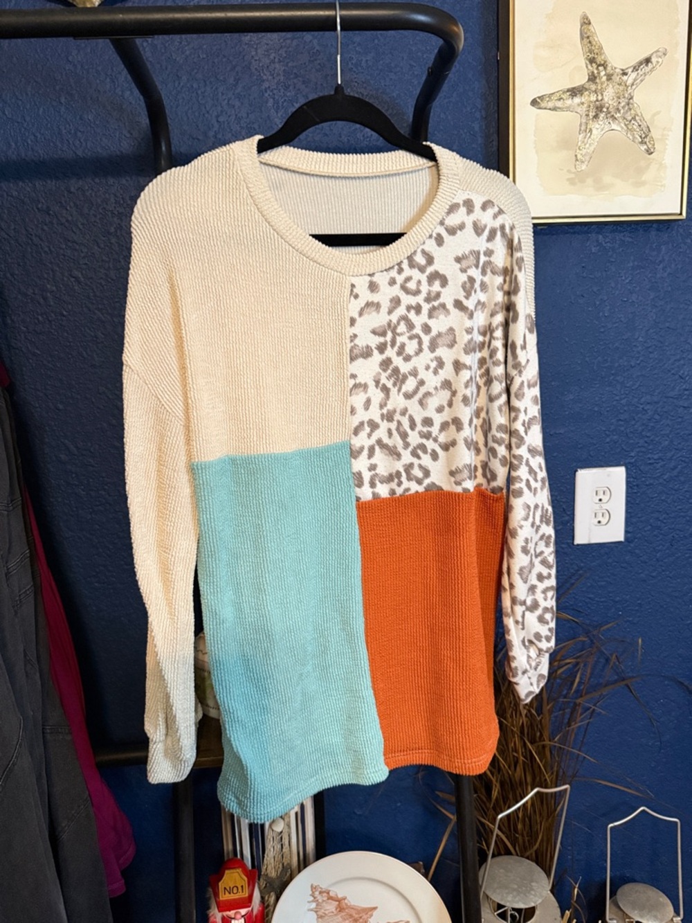Colorblock Leopard Knit Sweater - Cream, Aqua & Orange